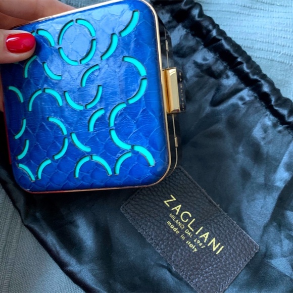 Zagliani 💯 AUTHENTIC mini clutch authentic snake 🐍 skin bright blue color - Picture 6 of 6